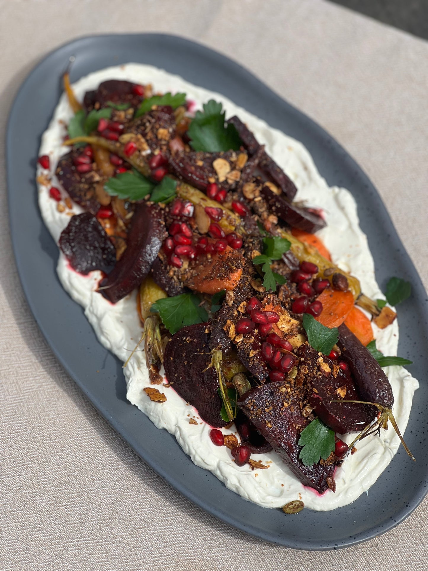 Roasted carrot, beetroot and orange with labneh