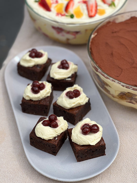 Chocolate Brownie with cherries and vanilla marscarpone cream (gf)