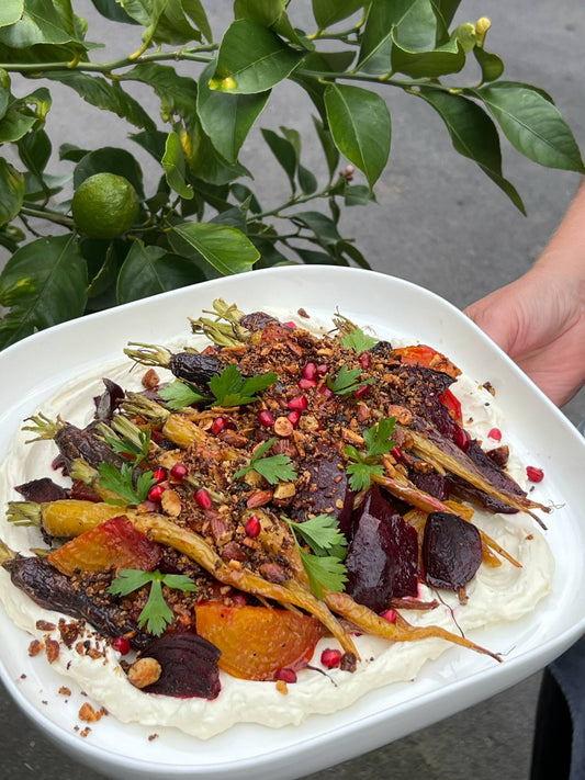 Roasted carrot, beetroot and orange with labneh